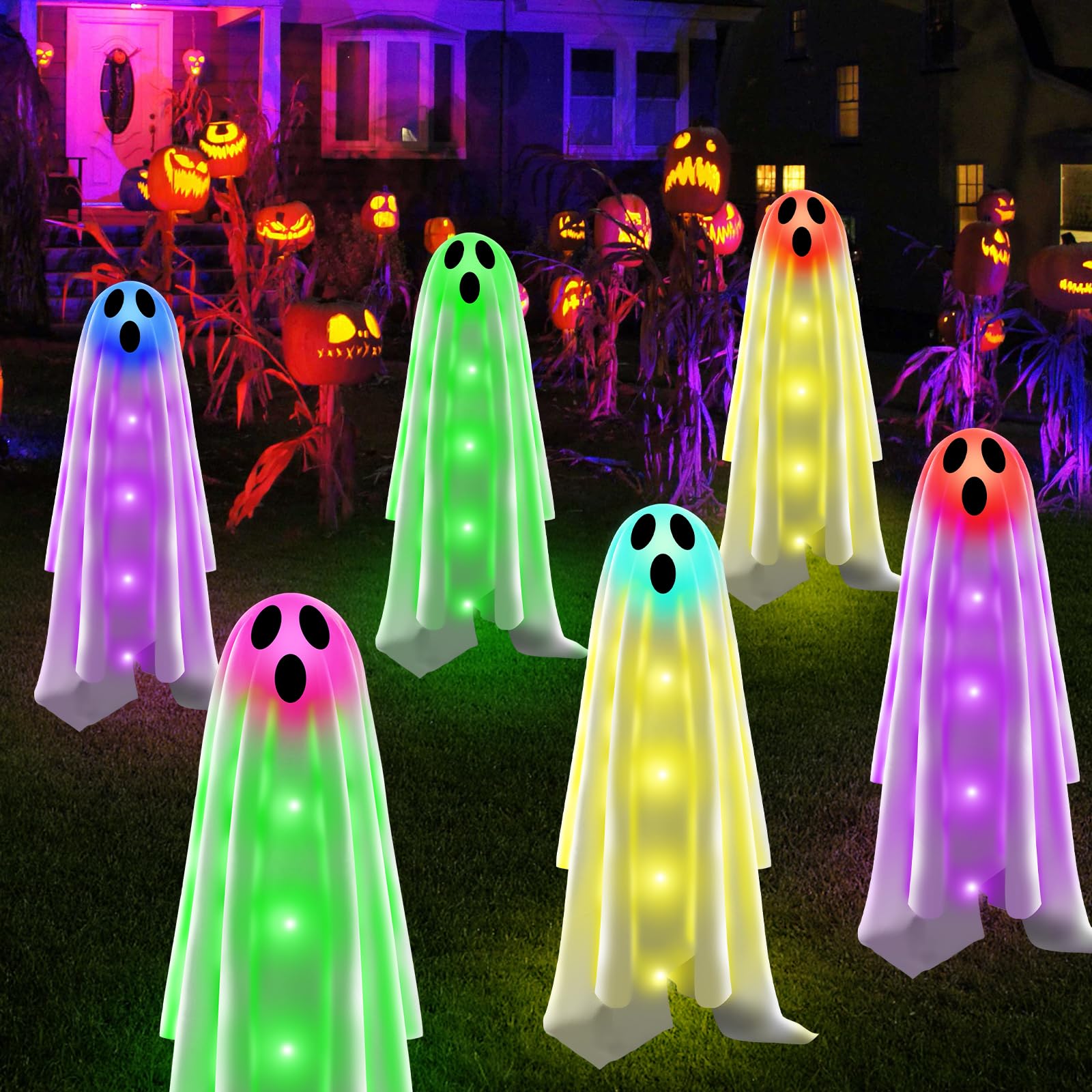 6PACKS Halloween Decorations Outdoor Solar Ghost Lights,Scary Ghost Decor with Spooky Party Gifts,Solar Halloween Path Lights for Front Porch/Yard/Garden/Home/Ghost Party Decor Warm White